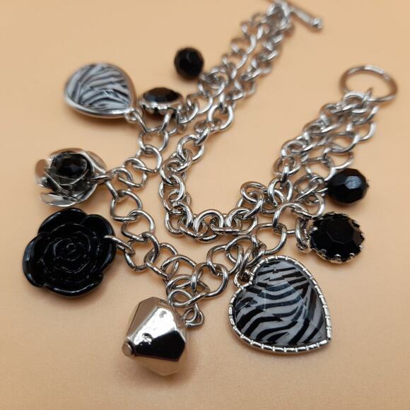 Silver Tone Charm Bracelet, Roses Zebra Heart Black Bead Rhinestone Toggle Clasp - Picture 10 of 10